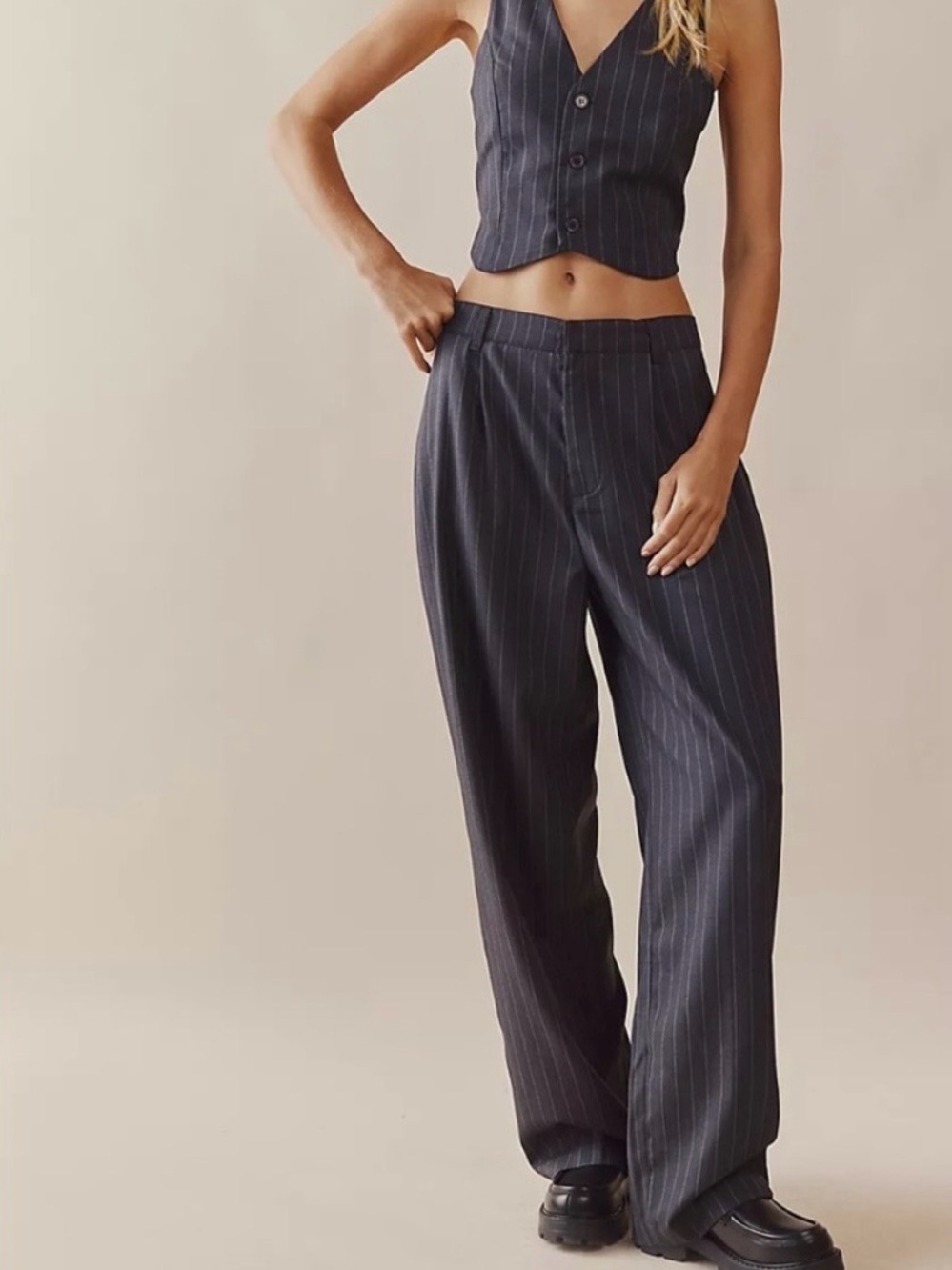 Free People Charcoal Pinstripe Wide-Leg Trousers